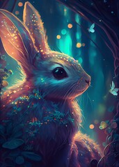 Cute magical rabbit in mythical forest oil painting