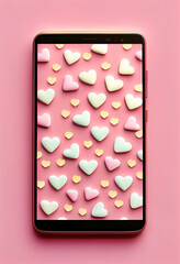 Hintergrund für Valentinstag. Handy mit Herzen auf dem Display auf rosa Hintergrund mit Platzhalter
