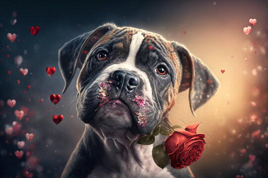 Portrait von einem s&uuml;&szlig;en Hund mit einer Rose im Mund zu Valentinstag
