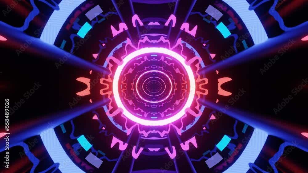 Poster glow sci fi symmetrical construction. vj loop trendy neon tunnel. hi tech neon tunel. sci-fi flight 