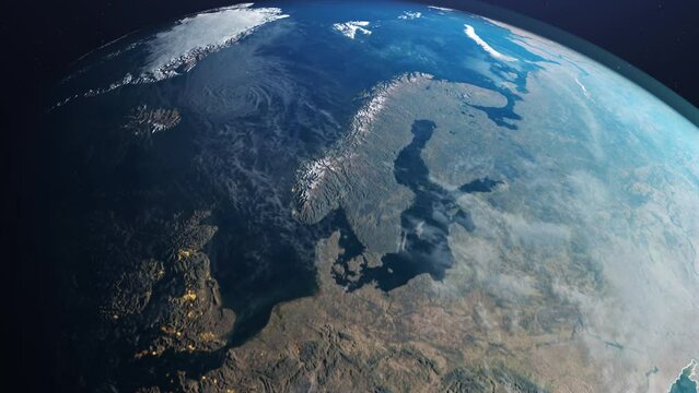 Scandinavia from space - View of planet earth with Norway, Sweden, Denmark and Finland on the map. 3d render animation