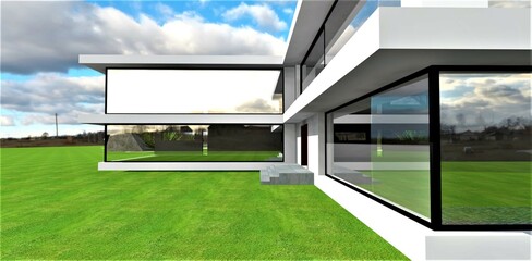 Exit from a newly built country house to a backyard with freshly cut grass that has not yet been equipped. Lots of expensive heat-saving windows. 3d rendering.