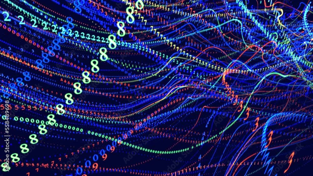 Poster digital waves. vj loop hologram abstract bg. symbols form lines, grid, strings. information concept.