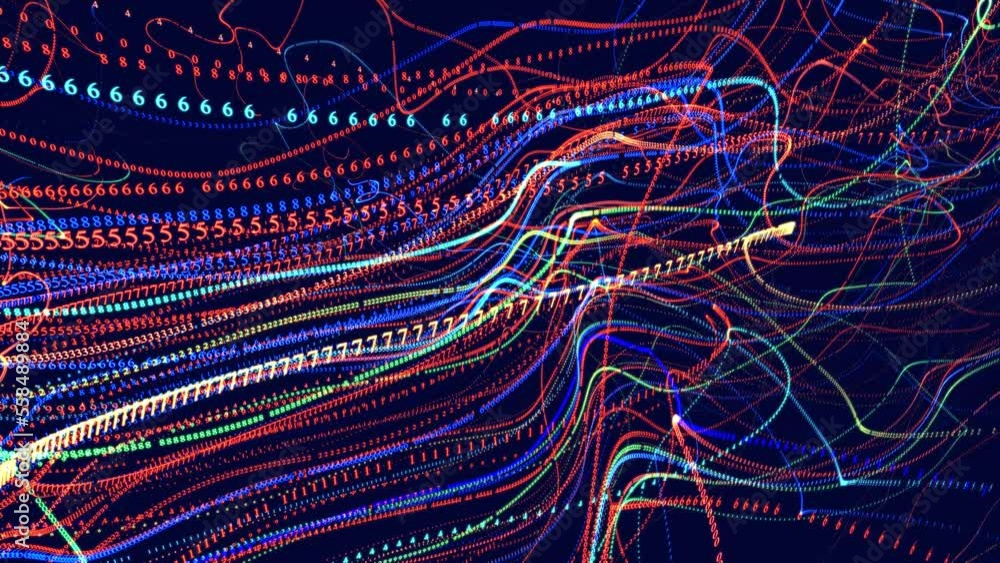 Poster digital waves. vj loop hologram abstract bg. symbols form lines, grid, strings. information concept.