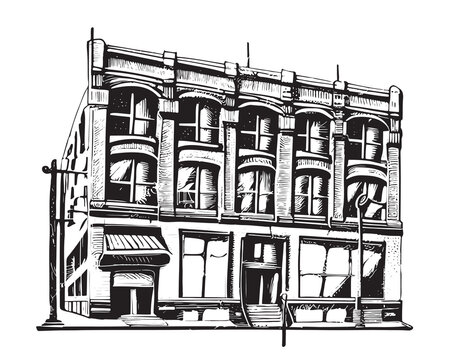 Old vintage hotel or shop building hand drawn sketch in doodle style Vector illustration