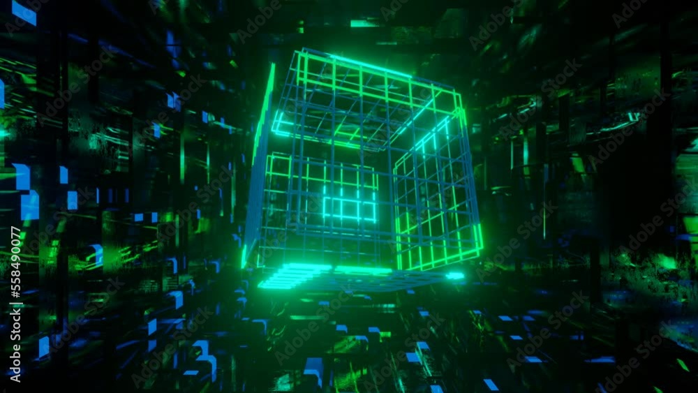 Poster 3d object or structure rotates and moves inside glass mirror tunnel with neon light, bright reflecti