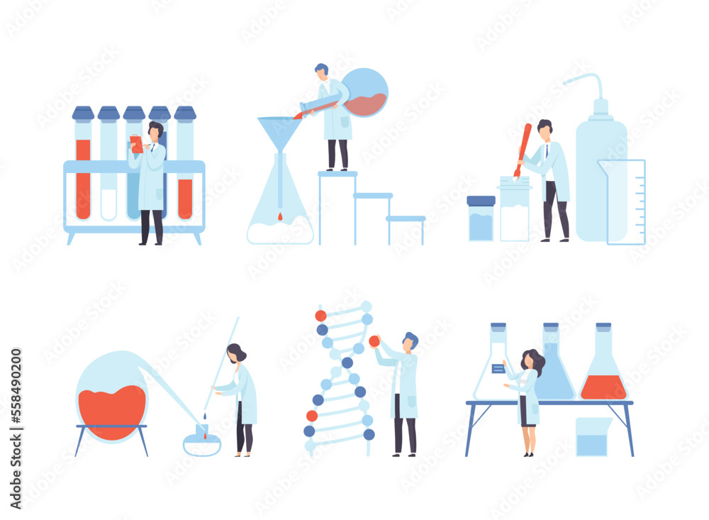 Poster set of tiny scientists working working with lab scientific equipment in laboratory flat vector illus
