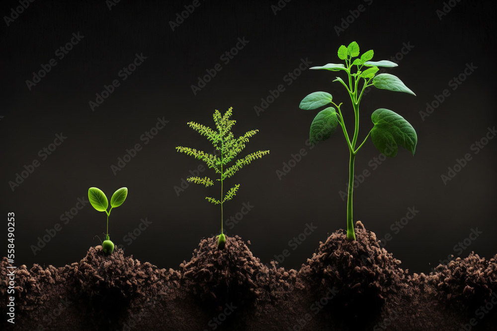 Poster on the ground, there are little trees of various sizes that grow in green spaces and around agricult
