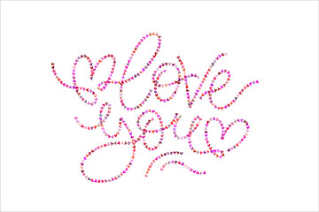 Vector lettering love you horizontal card. Love you words made of tiny drawn hearts magenta shades. Valentine's day greeting template.