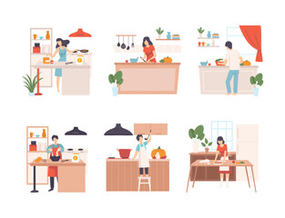 Set of people cooking in kitchen. Men and women cooking tasty healthy dishes at home cartoon vector illustration