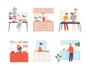 Set of people cooking in kitchen. Young women and men cooking and baking tasty healthy meal at home cartoon vector illustration
