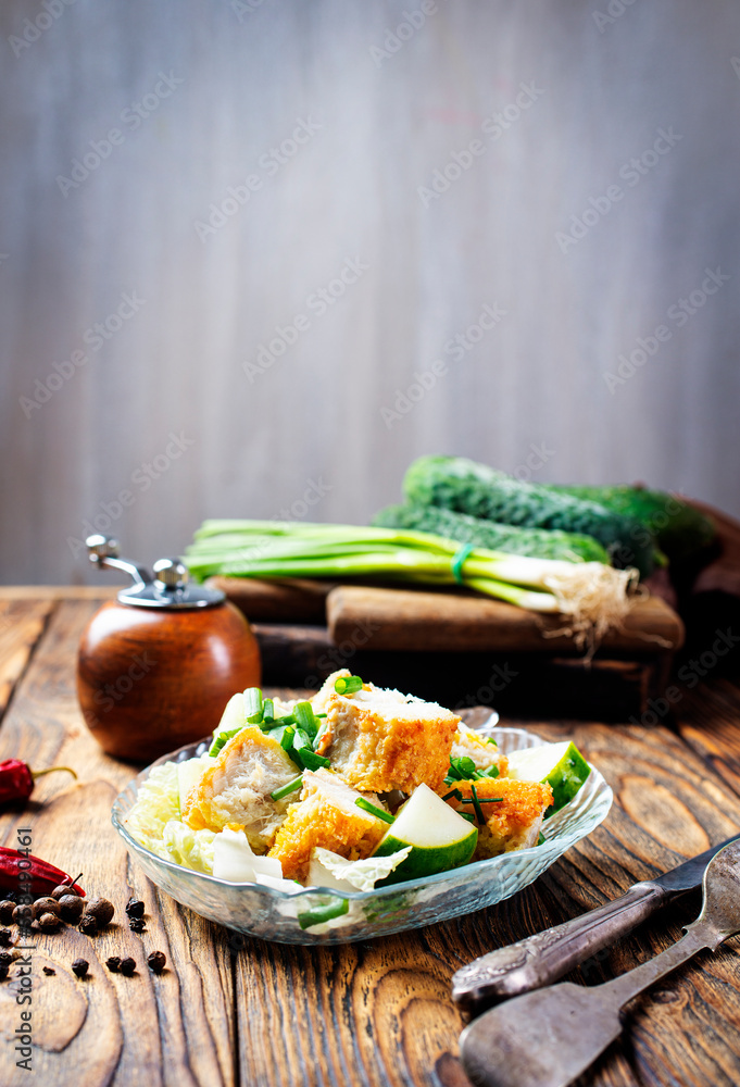 Poster Fish dish - fried fish fillet with vegetables on glass plate