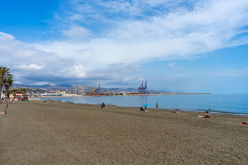 Panoramic view of promenade beach and port in Malaga, Spain on October 10, 2022