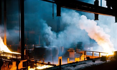A giant metal factory with molten metal being worked on.