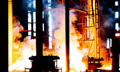 A giant metal factory with molten metal being worked on.