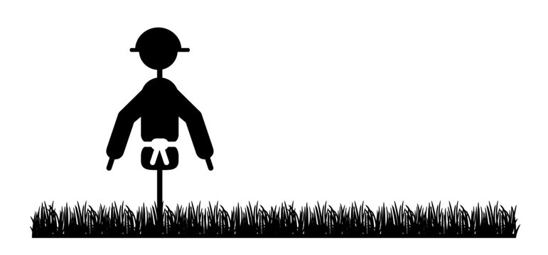 Scarecrow on pole and grass. Stickman, stick figure man on pole. Scarecrow Day on July 5th. Vector scarecrows icon or symbol. Halloween and scaring away birds. Strawman or straw man. Bird scarer.