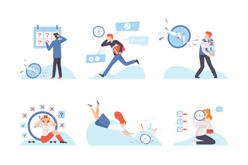 Stressed business people working overtime at deadline set. Office workers rushing to do work on time. Deadline, time management and business planning flat vector illustration