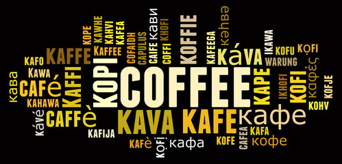 Coffee in different languages word cloud concept on black