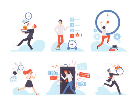 Stressed business people working overtime at deadline set. People feeling stress at work. Deadline, time management and business planning flat vector illustration
