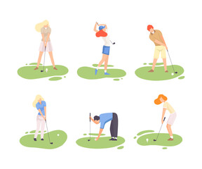 Set of people playing golf. Male and female golfers playing on course flat vector illustration