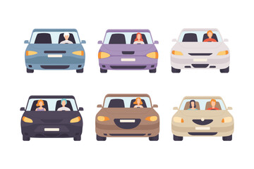 People driving cars set. Front view of drivers and passenger sitting in car flat vector illustration