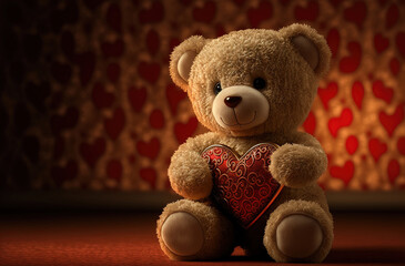 Cute plush teddy bear holding an ornate red Valentine's Day heart with a bokeh red and gold background, copy space, AI-Generated