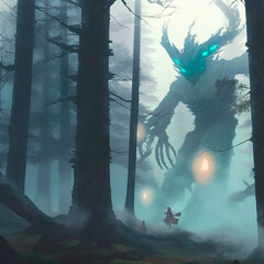 A scary forest spirit in a mystical misty forest. High quality illustration