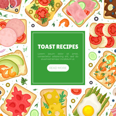 Toast recipes web banner. Tasty sandwiches with different healthy ingredients landing page cartoon vector
