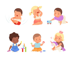 Toddler baby in everyday activities set. Adorable boys and girls playing toys, crying cartoon vector illustration