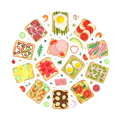 Tasty toasts in round shape. Sandwiches with different healthy ingredients banner, poster, card design template cartoon vector