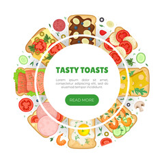 Tasty toasts web banner template. Sandwiches with different healthy ingredients landing page, website cartoon vector