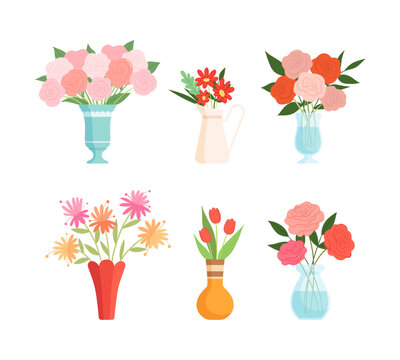 Set of flower bouquets. Tulip, peony bright summer blooming flowers in vases cartoon vector illustration