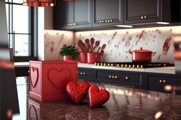 Red box of valentines day chocolates in a spacious interior kitchen, Valentines Day ,copyspace text,generative ai background with print space text - obrazy, fototapety, plakaty