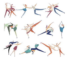 Set of couples ice skating dancers performing on rink. Figure skating athletes in motion cartoon vector