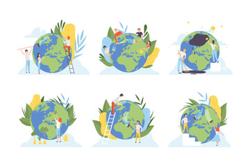 People cleaning Earth with cleaning tool sets. Volunteers taking care about nature and ecology. Earth day concept cartoon vector illustration