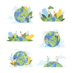 People cleaning Earth planet set. Nature and ecology protection. Earth day concept cartoon vector illustration