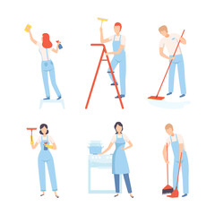 Set of cleaning company staff. Male and female workers in overalls working with cleaning equipment cartoon vector illustration