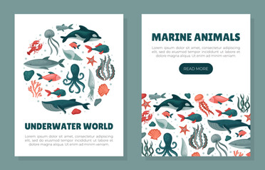 Marine animals mobile app templates set. Underwater world, sea life web banner, card cartoon vector