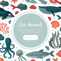 Sea animals web banner template. Marine life, underwater world landing page, website cartoon vector