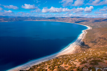 Fototapeta premium Salda lake is turquoise water aerial top view. Travel Burdur Turkey Maldives