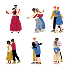 Happy people hugging set. Men and women of different ages and nationalities hugging cartoon vector illustration