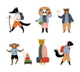 Set of wild animals tourists travelling on summer vacation. Wolf, panda, bear, monkey, leopard, badger travellers with luggage going on trip or vacation cartoon vector illustration