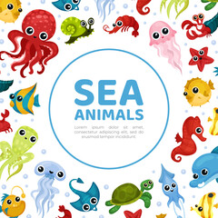 Fototapeta premium Sea animals banner. Cute funny bright sea creatures of underwater world poster, card design, business promote template cartoon vector