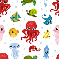 Cute sea animals seamless pattern. Funny bright marine creatures, underwater wild life repeating print for wallpaper, wrapping paper, textile, package design cartoon vector