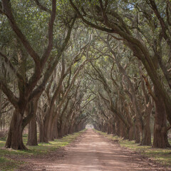 Old oaks lining Lousania Plantation road at the old Evergreen plantation