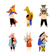 Animal parents and their kids set. Fox, giraffe, bear, pig, rabbit, zebra families cartoon vector illustration