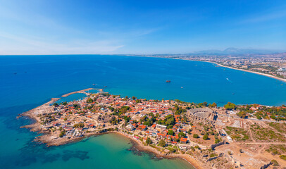 Fototapeta Aerial top view ancient Side town, Antalya Province, Turkey drone photo obraz