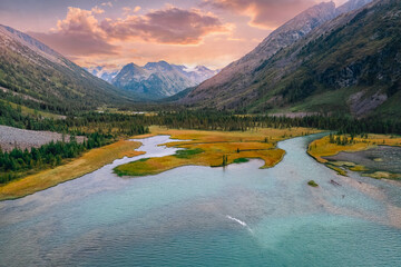 Summer Landscape beautiful Multe lake in mountains Altai sunset, Aerial top view