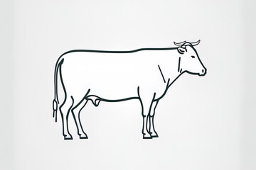 Full body line art of a domestic cow or bull in side view grazing for the meat and milk industries with a white backdrop and a black stroke style is available as a editable real line icon. Generative