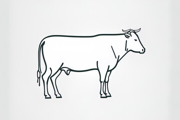 Obraz premium Full body line art of a domestic cow or bull in side view grazing for the meat and milk industries with a white backdrop and a black stroke style is available as a editable real line icon. Generative